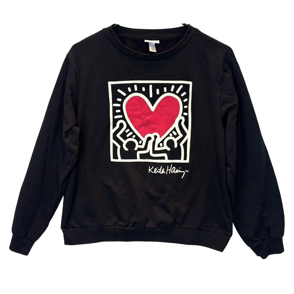 Keith Haring Sweatshirt Medium Black Dancing Heart Graphic Pullover Fleece